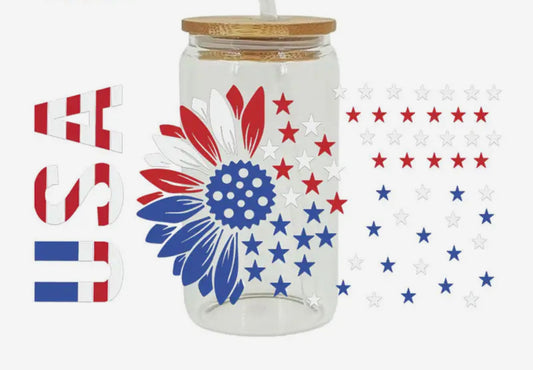 USA Flower and Stars UV DTF 16oz Libbey Cup Wrap